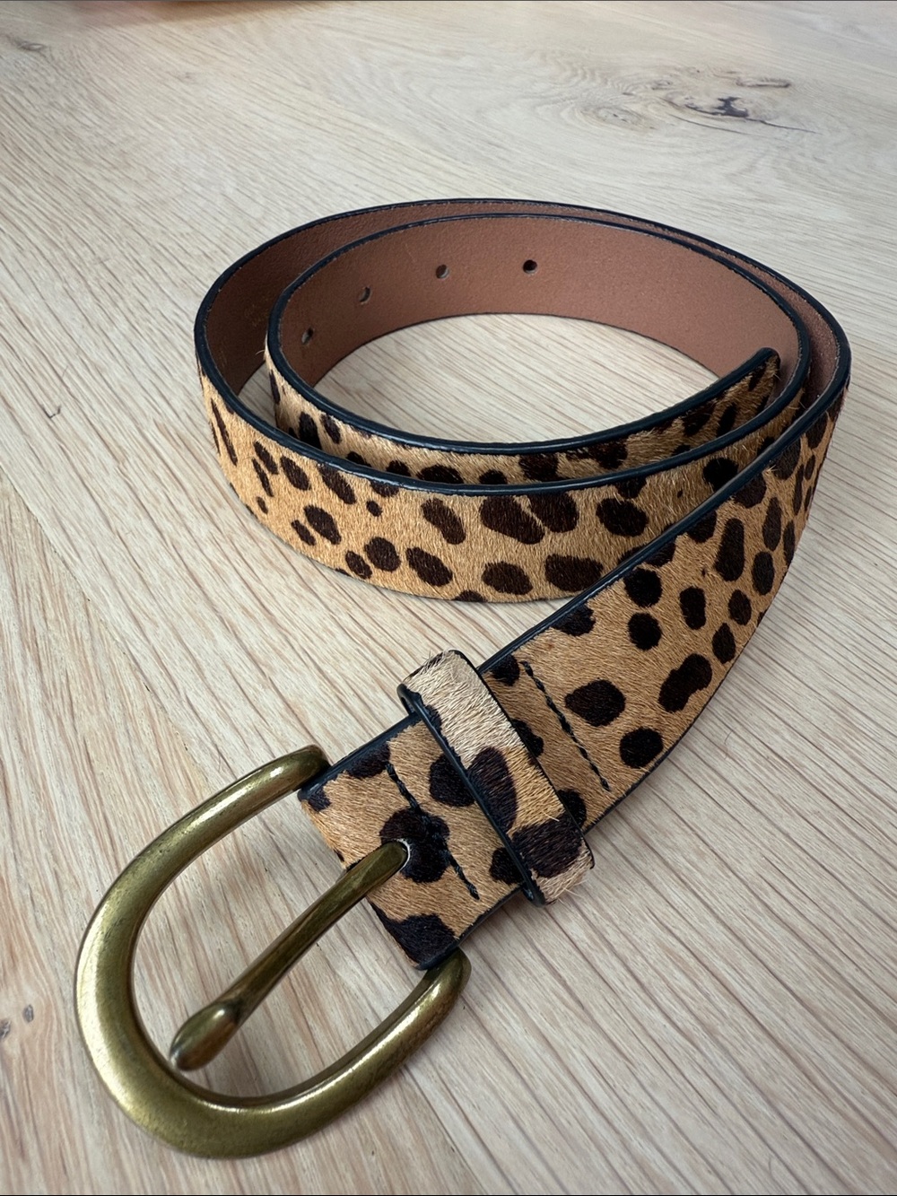 J. Crew Leopard Print Haircalf Leather Belt with Brass-Tone Buckle